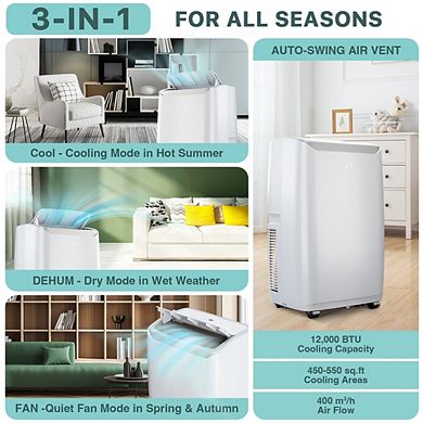 12000 BTU Portable AC, 3-in-1, quiet sleep mode, remote, 3 speeds, 24H timer, cools 550 sq ft.