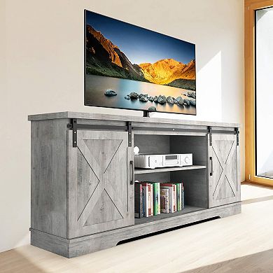 65 Inch Farmhouse TV Stand with Barn Doors & Shelves, Tall Console for Living & Bedroom
