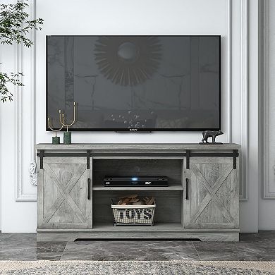 65 Inch Farmhouse TV Stand with Barn Doors & Shelves, Tall Console for Living & Bedroom