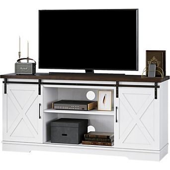 65 Inch Farmhouse TV Stand with Barn Doors & Shelves, Tall Console for Living & Bedroom