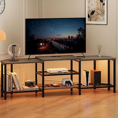 67 Inch Corner TV Stand with LED Lights, Power Outlets, 4 Open Shelves, Vintage Grey