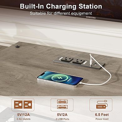 67 Inch Corner TV Stand with LED Lights, Power Outlets, 4 Open Shelves, Vintage Grey