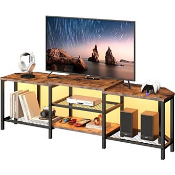 67 Inch Corner TV Stand with LED Lights, Power Outlets, 4 Open Shelves, Vintage Grey