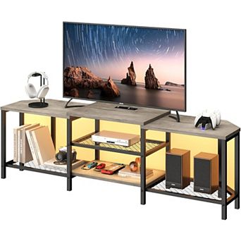 67 Inch Corner TV Stand with LED Lights, Power Outlets, 4 Open Shelves, Vintage Grey