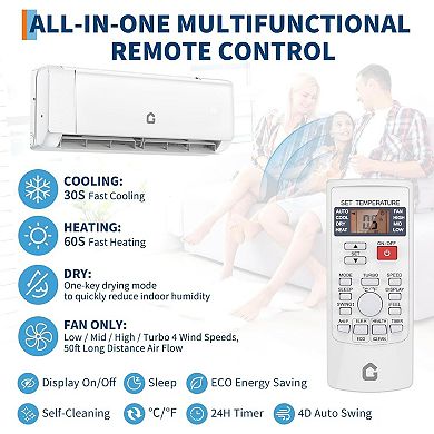 18000 BTU Mini Split AC & Heater, 21 SEER2, Ductless, Cools/Heats 1250 sq ft, WiFi & Remote