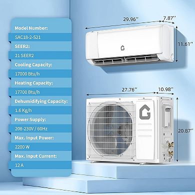 18000 BTU Mini Split AC & Heater, 21 SEER2, Ductless, Cools/Heats 1250 sq ft, WiFi & Remote