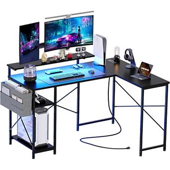 54" Reversible L-Shaped Gaming Desk with Monitor Stand, Power Outlets & LED Lights, Black