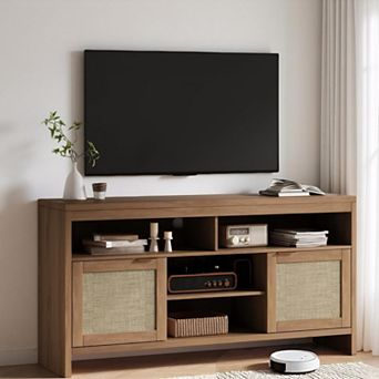 58 Inch Modern Rattan TV Stand with Storage and Adjustable Shelves, Oak