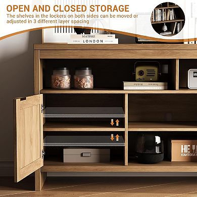 58 Inch Modern Rattan TV Stand with Storage and Adjustable Shelves, Oak