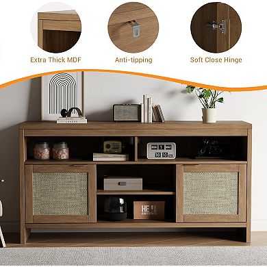 58 Inch Modern Rattan TV Stand with Storage and Adjustable Shelves, Oak