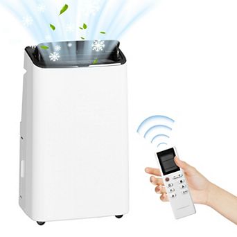 14000 BTU Portable AC cools 500-700 sq ft, with dehumidifier, timer, drainless design, black top.