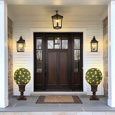 16" Pre-Lit Artificial Topiary Ball with Red Urn Base, Remote & Timer, Indoor/Outdoor