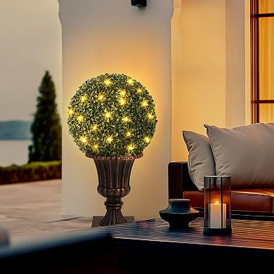 16" Pre-Lit Artificial Topiary Ball with Red Urn Base, Remote & Timer, Indoor/Outdoor