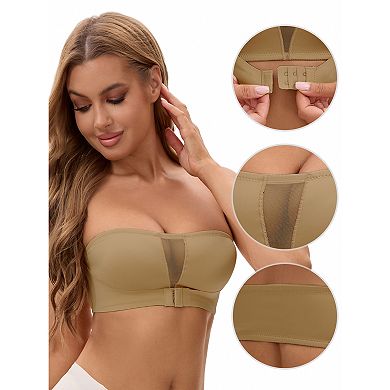 3 Packs Women's Mesh Front Closure Push Up Wirefree Bandeau Strapless Breathable Tube Bras