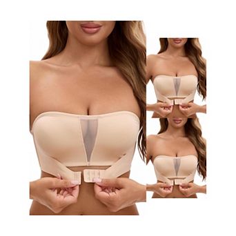 3 Packs Women's Mesh Front Closure Push Up Wirefree Bandeau Strapless Breathable Tube Bras