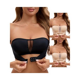 3 Packs Women's Mesh Front Closure Push Up Wirefree Bandeau Strapless Breathable Tube Bras