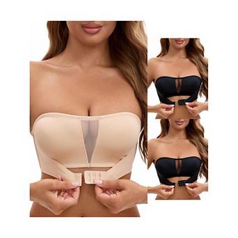 3 Packs Women's Mesh Front Closure Push Up Wirefree Bandeau Strapless Breathable Tube Bras
