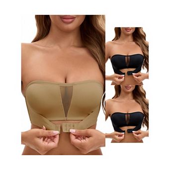 3 Packs Women's Mesh Front Closure Push Up Wirefree Bandeau Strapless Breathable Tube Bras