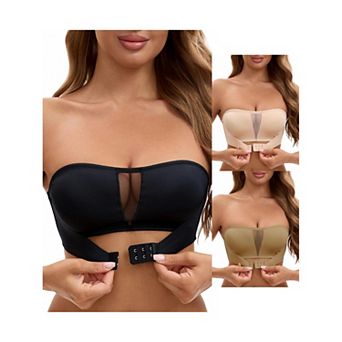 3 Packs Women's Mesh Front Closure Push Up Wirefree Bandeau Strapless Breathable Tube Bras