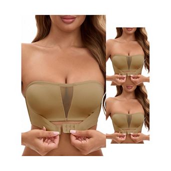 3 Packs Women's Mesh Front Closure Push Up Wirefree Bandeau Strapless Breathable Tube Bras