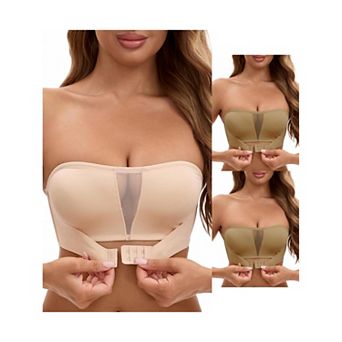 3 Packs Women's Mesh Front Closure Push Up Wirefree Bandeau Strapless Breathable Tube Bras