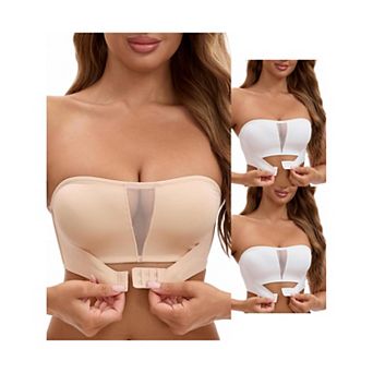 3 Packs Women's Mesh Front Closure Push Up Wirefree Bandeau Strapless Breathable Tube Bras