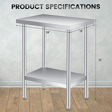 Stainless Steel Table 18x24x35Inch with 2-Tier Storage, Adjustable Undershelf, Pre-installed Feet