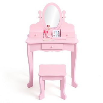 Girls' Vanity Set with Mirror, Makeup Table and Stool for Kids, Wood Dressup Playset for 4-9