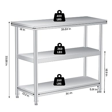 Stainless Steel Table, 18x36x34 Inch, 3-Tier Metal Prep Table with 2 Undershelf