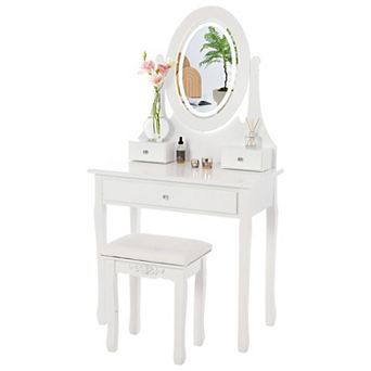 Vanity Table with LED Lighted Oval Mirror, Cushioned Stool, 3 Storage Drawers
