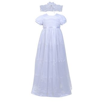 Baby Girls Heirloom White Lace Baptism Dress Christening Gown with Headband