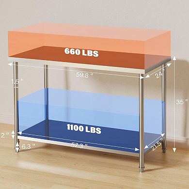Stainless Steel Table, 60" x 24", 1000 LBS, with Adjustable Undershelf and Galvanized Legs