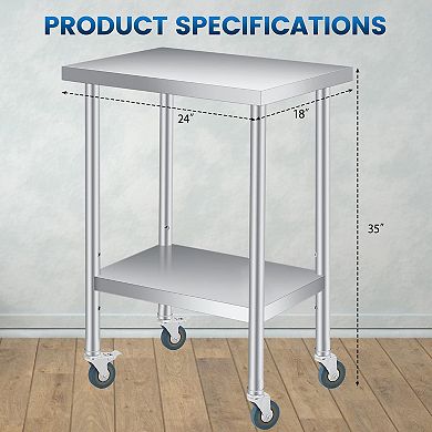 Stainless Steel Table 18x24x35Inch with 2-Tier Storage, Adjustable Undershelf, Lockable Casters