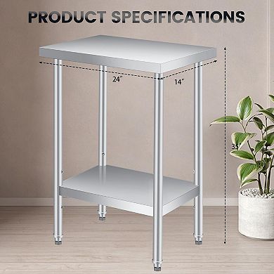 Stainless Steel Table 14x24x35Inch with 2-Tier Storage, Adjustable Undershelf, Pre-installed Feet