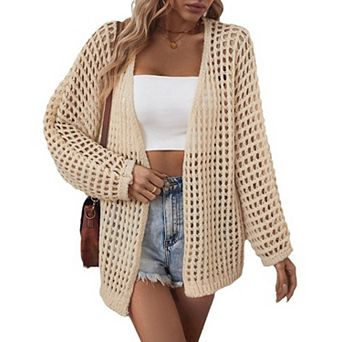 Women's Hollow out Cardigan Lightweight Open Front Long Sleeve Crochet Solid Loose Sweaters
