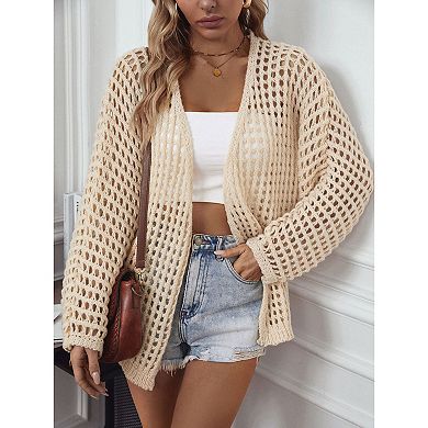 Women's Hollow out Cardigan Lightweight Open Front Long Sleeve Crochet Solid Loose Sweaters