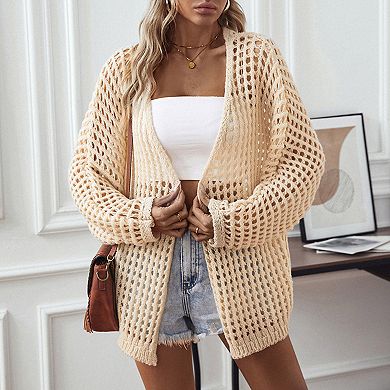 Women's Hollow out Cardigan Lightweight Open Front Long Sleeve Crochet Solid Loose Sweaters