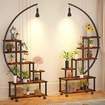 Half moon shaped plant stand with growth lights and wheels, metal multifunctional display stand