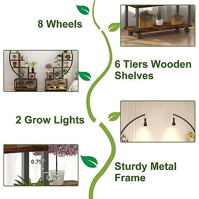 Half moon shaped plant stand with growth lights and wheels, metal multifunctional display stand