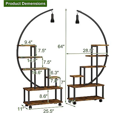 Half moon shaped plant stand with growth lights and wheels, metal multifunctional display stand