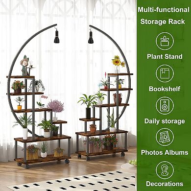 Half moon shaped plant stand with growth lights and wheels, metal multifunctional display stand