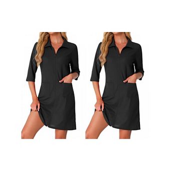 2 Packs Women's Zipper Robes Waffle 3/4 Sleeves Bathrobe House Coat Short Sleepwear with Pockets