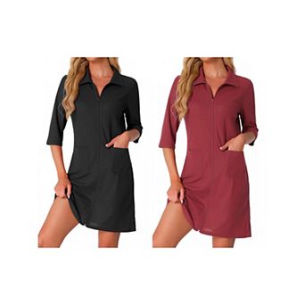 2 Packs Women's Zipper Robes Waffle 3/4 Sleeves Bathrobe House Coat Short Sleepwear with Pockets