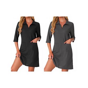 2 Packs Women's Zipper Robes Waffle 3/4 Sleeves Bathrobe House Coat Short Sleepwear with Pockets