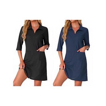 2 Packs Women's Zipper Robes Waffle 3/4 Sleeves Bathrobe House Coat Short Sleepwear with Pockets