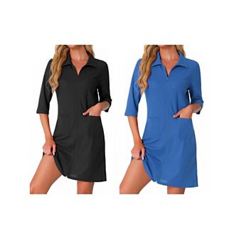 2 Packs Women's Zipper Robes Waffle 3/4 Sleeves Bathrobe House Coat Short Sleepwear with Pockets
