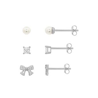 PRIMROSE Cubic Zirconia & Simulated Pearl Bow Stud Earrings Trio Set