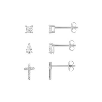 PRIMROSE Cubic Zirconia Teardrop & Cross Stud Earrings Trio Set