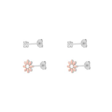PRIMROSE Silver Tone Cubic Zirconia & Enamel Daisy Flower Stud Earrings Duo Set