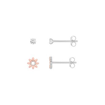 PRIMROSE Silver Tone Cubic Zirconia & Enamel Daisy Flower Stud Earrings Duo Set